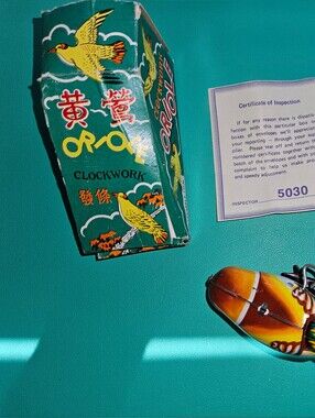 Collectible Vintage Tin Lithograph Clockwork Oriole Wind-Up Toy Box & Insp. Slip